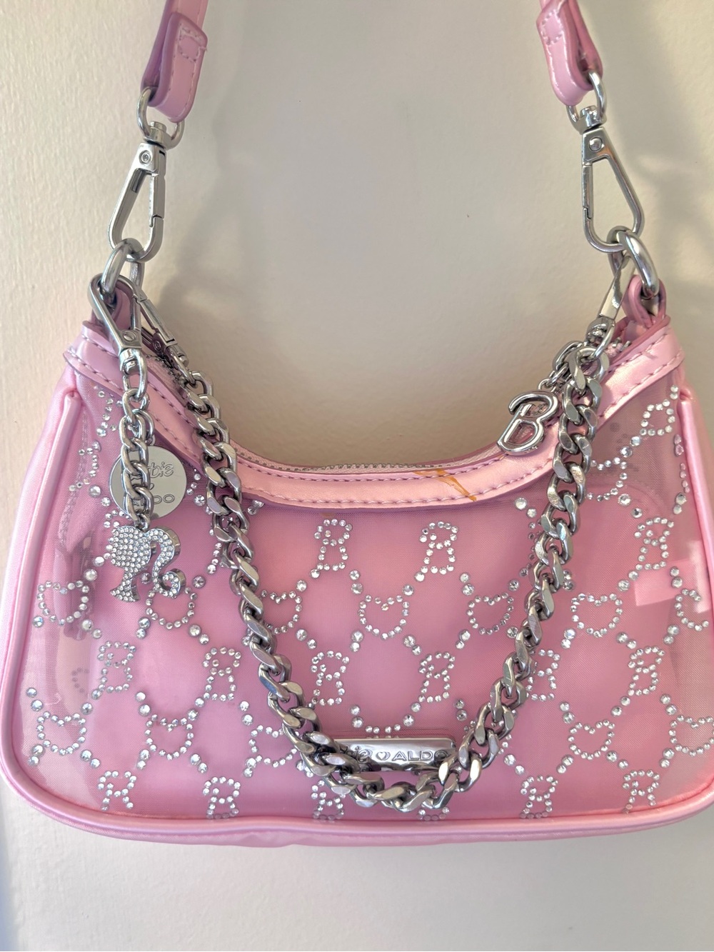 Barbie X ALDO Pink Rhinestone-Embellished Shoulder Bag Purse with Silver Chain